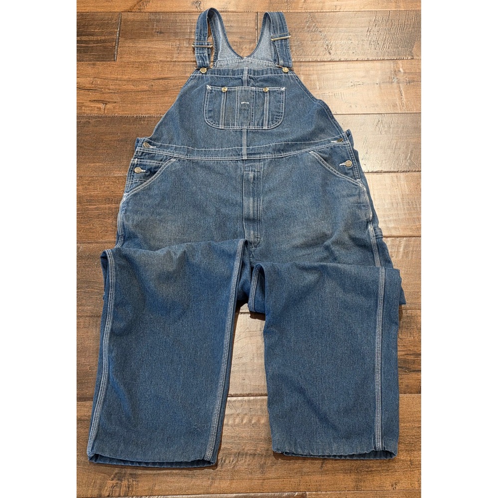 VTG Grunge Roebucks Denim Bib Overalls Medium Wash Carpenter Workwear 42x30
